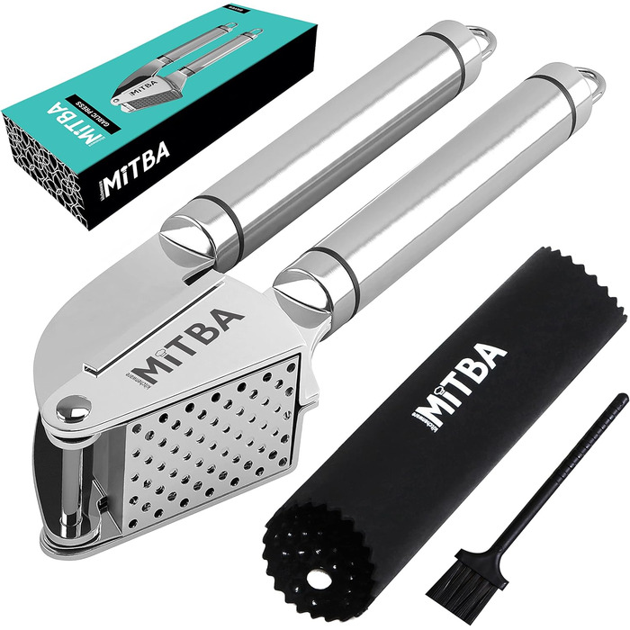 MiTBA Garlic Press Set with Non-Slip Handles - Includes Crusher, Silicone Peeler & Cleaning Brush