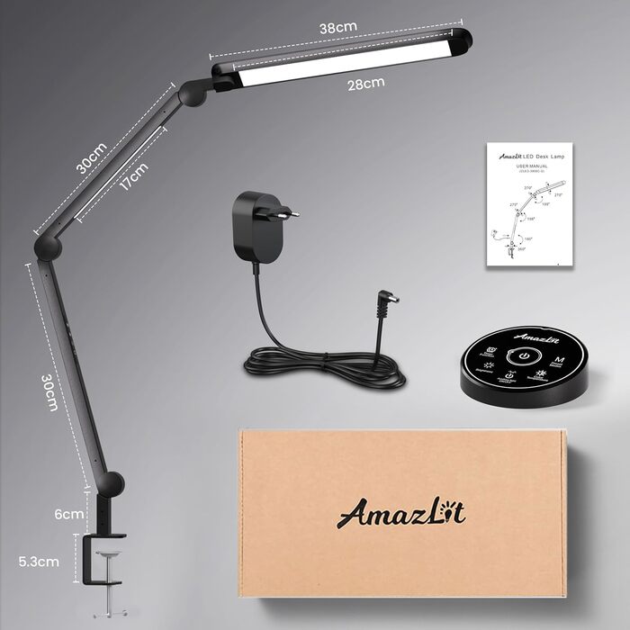 AmazLit Adjustable LED Desk Lamp with Dual Light Source - 12W/16W Dimmable Architect Lamp with Remote Control & Clamp
