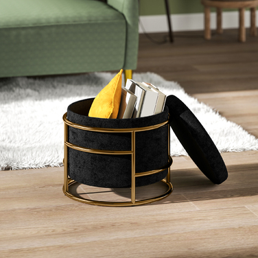 HOMCOM Storage Ottoman, Upholstered Footrest with Metal Frame, Gold Accents, Black