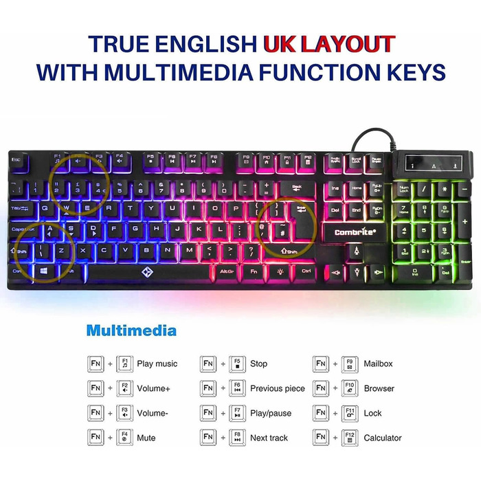 Ігровий набір клавіатури та миші Raptor з великим килимком, RGB-підсвітка, USB, UK-розкладка, для PC, Laptop, PS4, Xbox One, чорний