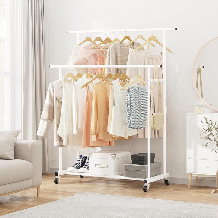 Підвісна штанга для одягу Calmootey з подвійною перекладиною, мобільна, для спальні, вітальні, магазину одягу, біла