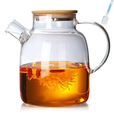Скляний чайник з ситечком 1800 мл з дерев'яною кришкою, термостійкий боросилікатний чайник для квіткового чаю та соків