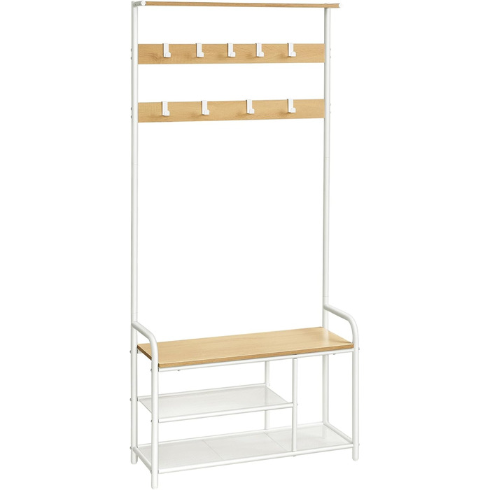 VASAGLE Coat Rack, Wardrobe, Clothes Rack with 9 Hooks, Shoe Bench, Shelf, 30 x 85 x 180.5 cm, for Entryway, Bedroom, Small Apartments, Industrial Design, Vintage Brown-Black HSR409B01 (Oak Color + White)