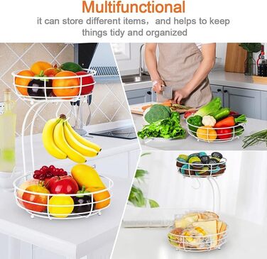 Металева фруктова корзина Bomclap з бананотримачем, 2 яруси - Фруктова та овочева корзина для кухні, біла