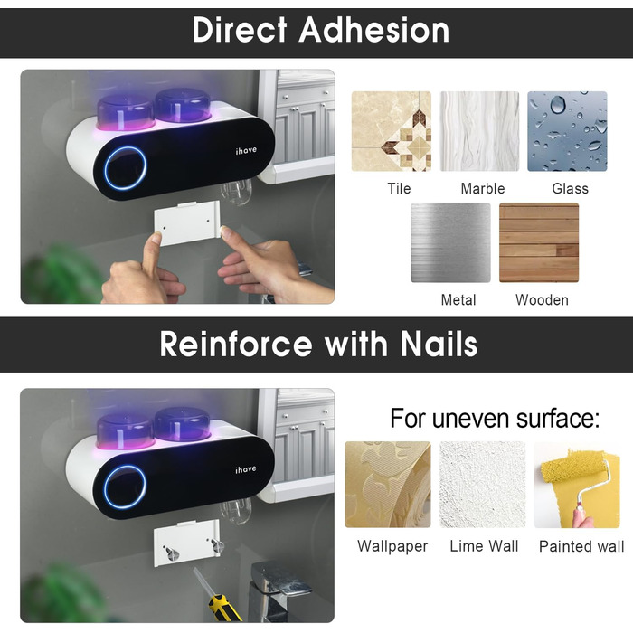 Тримач для зубних щіток iHave на стіну з УФ-дезінфекцією, для електричної зубної щітки, розумне аксесуар для ванної кімнати, 3 стаканчика, дозатор пасти (чорний, 2 стаканчика)