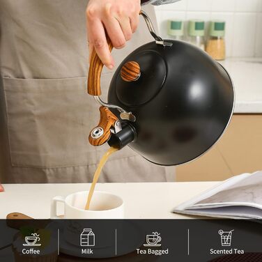 Чайник для плити LONFFERY 2.5л з свистком, з нержавіючої сталі, з дерев'ястим декором, складна ручка, кремово-білий/білий (чорний)