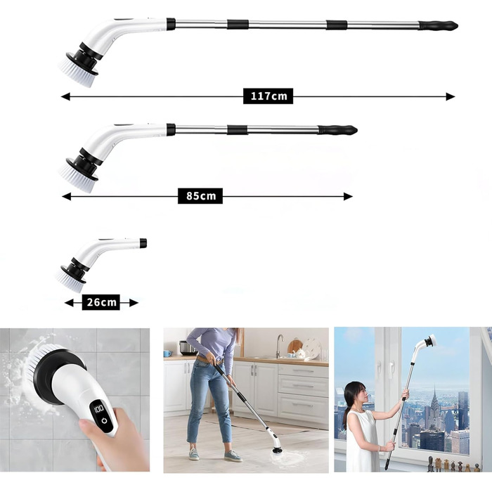 Електрична ротаційна щітка для прибирання: 8 насадок, регульована ручка, USB-C зарядка. Підходить для підлоги, плитки, ванної, кухні та душу