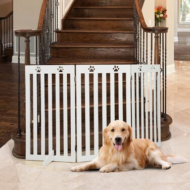 Захисний бар'єр для собак Costway 89 см, дерев'яне огорожа, дитяче ворота, розкладне, для захисту сходів, гнучкий бар'єр (3 панелі, білий)
