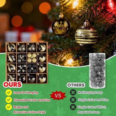 Набір прикрас для ялинки Ilauke, 44 шт. Ялинкові кулі з пластику червоного та білого кольорів, 3 та 6 см. Декорації для ялинки на Різдво, вечірку, дім, весілля. Червоний, білий, чорний, золотий кольори.