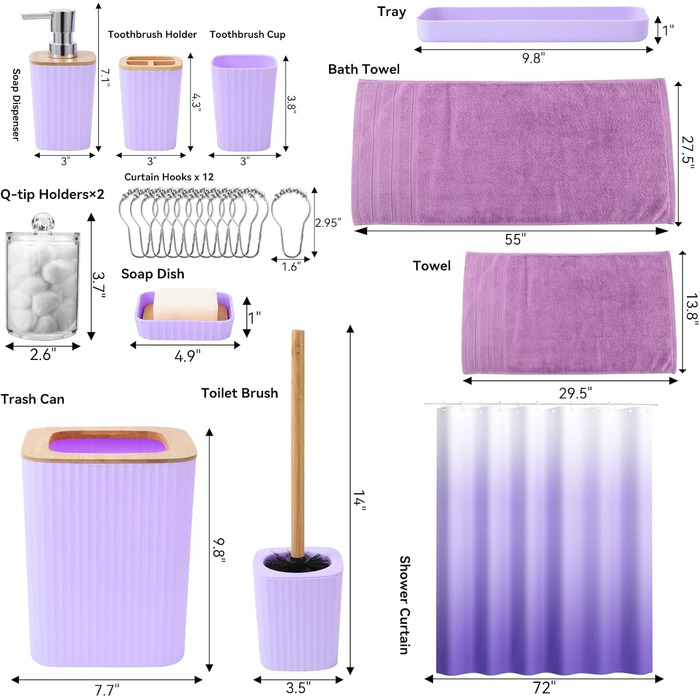 Набір аксесуарів для ванної кімнати з чорним малюнком мармуру: сміттєвий бак, тумбочка під раковину, дозатор мила, мильниця, тримач для зубних щіток, стакан для зубних щіток, щітка для унітазу та тримачі для ватних паличок (порожній, світло-фіолетовий, на