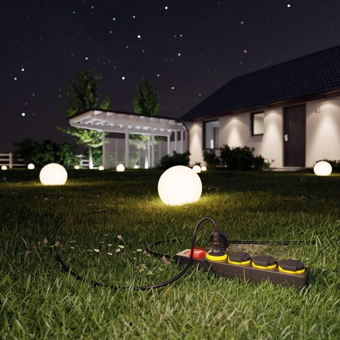 deleyCON Розподільник розеток на 4 розетки для вулиці зі шнуром 5м, IP44, вологозахищений, для саду, тераси, балкону, гаража (5м, з вимикачем)