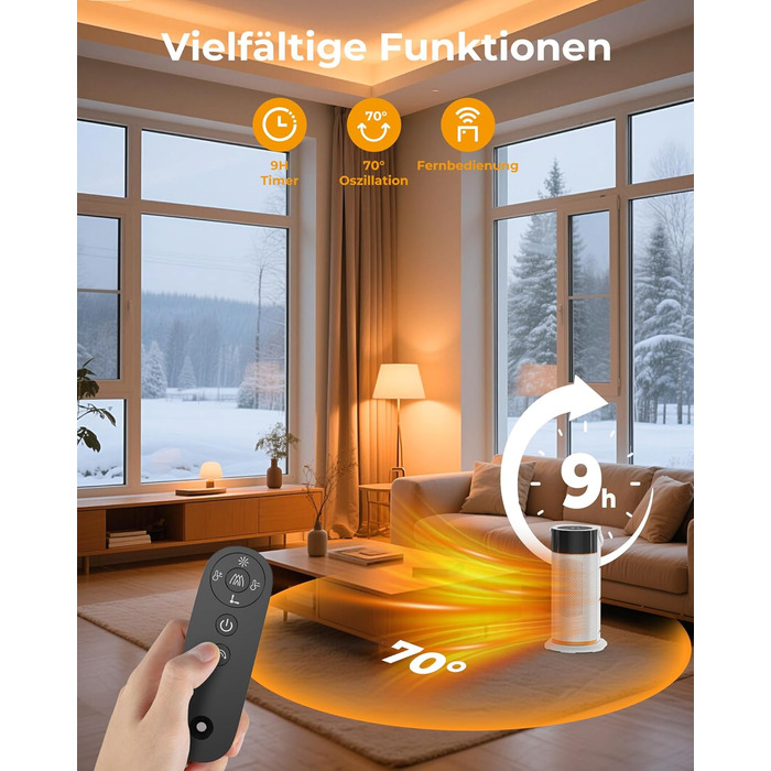 Електричний обігрівач 2000W з PTC-керамічним нагрівачем, тихий, з пультом керування, таймером, поворотним механізмом 70°, LED-дисплеєм для офісу, спальні, ванної кімнати, дому (білий)