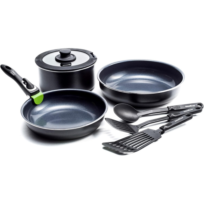 Набір каструль GreenChef ClickPan з керамічним антипригарним покриттям, 3 предмети, 16 см/1,6 л та 20 см/3,1 л, знімна ручка, PFAS-free, для індукції, посудомийної машини, чорний. 8-елементний набір посуду з каструлями та сковородами