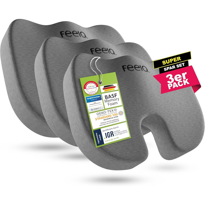 Ортопедична подушка для сидіння Feela® [3 ступені жорсткості] - Ергономічна подушка для офісного крісла та інше - Зменшує біль, підвищує комфорт сидіння, покращує кровообіг та знімає навантаження з куприка (Medium) (Hard (80-130 kg), Набір 3 шт., Темно-сі