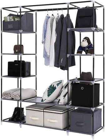 SONGMICS Wardrobe, Clothes Rack, Folding Closet Organizer with Clothes Rod, Clothes Stand, Storage, Pockets, Shoes, Bedroom, Dressing Room, 45 x 150 x 175 cm, RYG12B (Grey)
