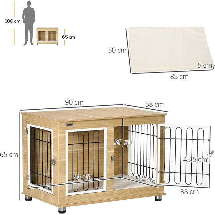 Клітка для собак PawHut з двома дверцятами, подушкою та двома засувками, металева, для дому, 90 x 58 x 65 см, колір дуб