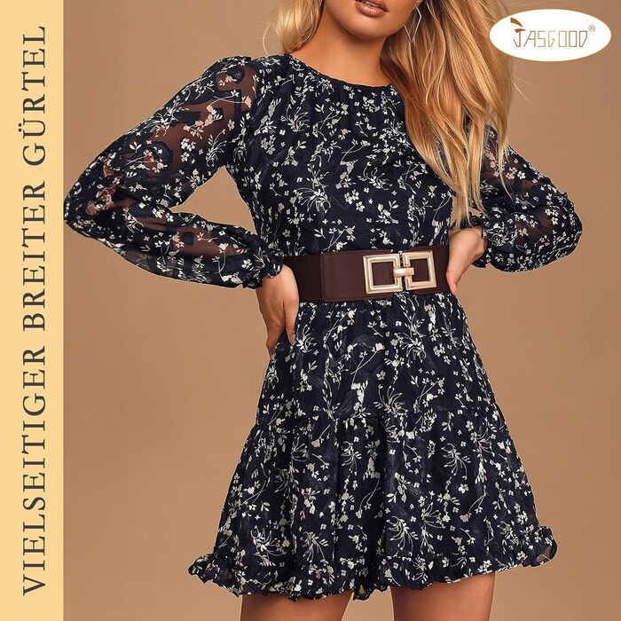 Жіночий широкий еластичний пояс JasGood з золотистою пряжкою. Широкий пояс для суконь, розмір L (80-90 см)