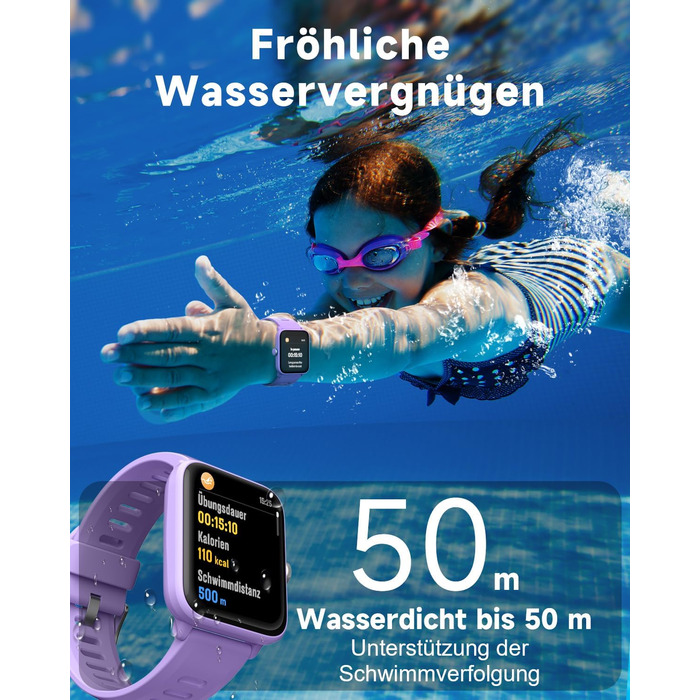 Смарт-годинник BIGGERFIVE для дітей, фітнес-трекер з пульсометром, крокомером, монітором сну, будильником та іграми, 1.5' HD-сенсорний екран, водонепроникність 5ATM, для дівчаток 3-14 років, колір: фіолетовий