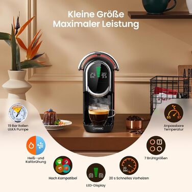 Кавомашина капсульна Magician1 Mini 5в1 для Nespresso, Dolce Gusto, Lavazza A Modo Mio, ESE 44, кавової гущі | 20 bar, 1450 W, LED-дисплей, 7 рівнів води | для дому та офісу, червона