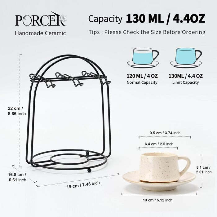 Набір керамічних чашок та підставок для кави з металевим стійкою (6 шт., 130 мл) - Cappuccino, Espresso, Latte, Americano, Чорний колір