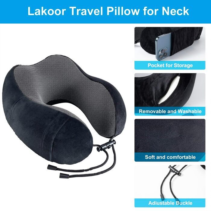 Подушка для шиї у літак, подорожі, автомобіль: Memory Foam, ергономічна, чорна