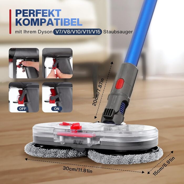 Насадка для миття підлоги для пилососів Dyson V7/V8/V10/V11/V15 - електрична насадка для миття підлоги, оригінальна з знімним баком для води, моп з 8 пральних мопів та контейнером для води