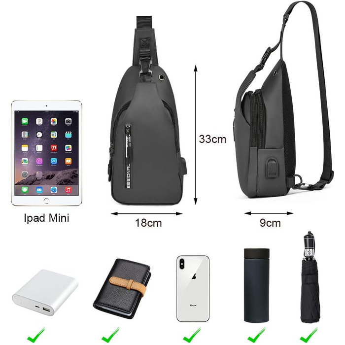 Чоловіча нагрудна сумка Brusttasche з USB-зарядкою, Oxford-тканина, водонепроникна, для спорту, роботи, подорожей (#5 B-сірий)