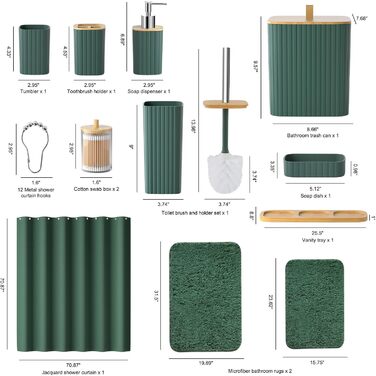 Набір для ванної кімнати Z ZONAMA 24 предмети: душовий завіс, килимок, сміттєве відро, тримач для унітазу, дозатор мила. Стильний набір для дому та квартири. Колір: зелений
