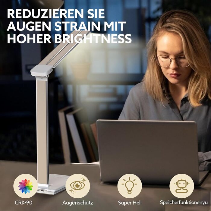 Лампа настільна LED LENDO з двома головками, регульована яскравість 700 люмен, 5 рівнів регулювання, 5 кольорових режимів, USB-порт для зарядки та вбудований акумулятор 2000mAh, для дітей, спальні, читання (срібна)
