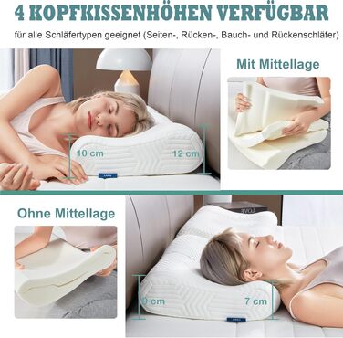 Ергономічна подушка для шиї та голови LAMB з ефектом пам'яті (Memory Foam) для сну на боці, регульована висота, з мийним чохлом, 60x36x12/10 см, біла