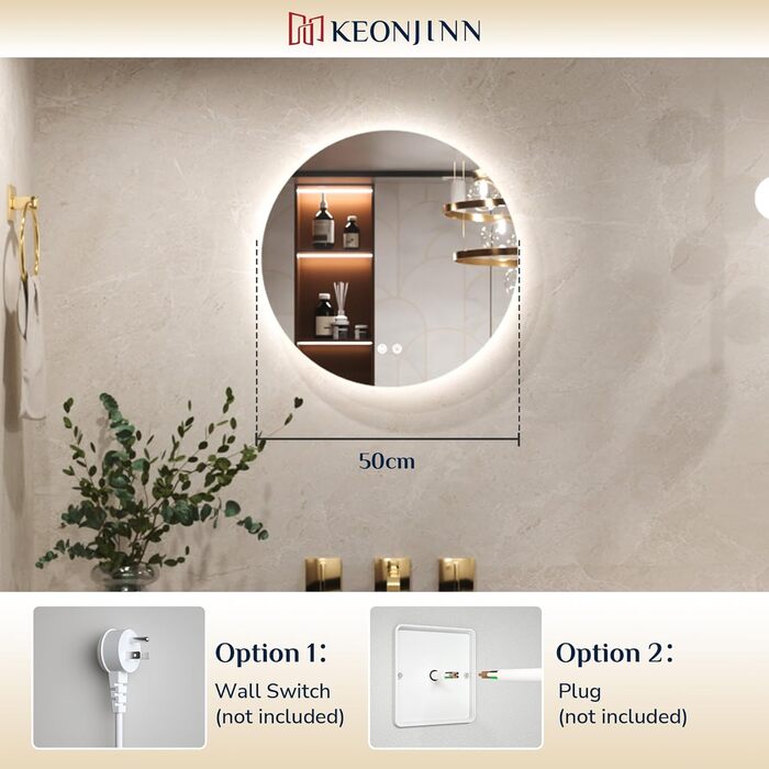 Дзеркало для ванної кімнати Keonjinn з підсвічуванням 60 см, антизапарник, сенсорний вимикач, пам'ять налаштувань, 3 кольори світла, регульована яскравість, LED, без рами, кругле (50x50 см)