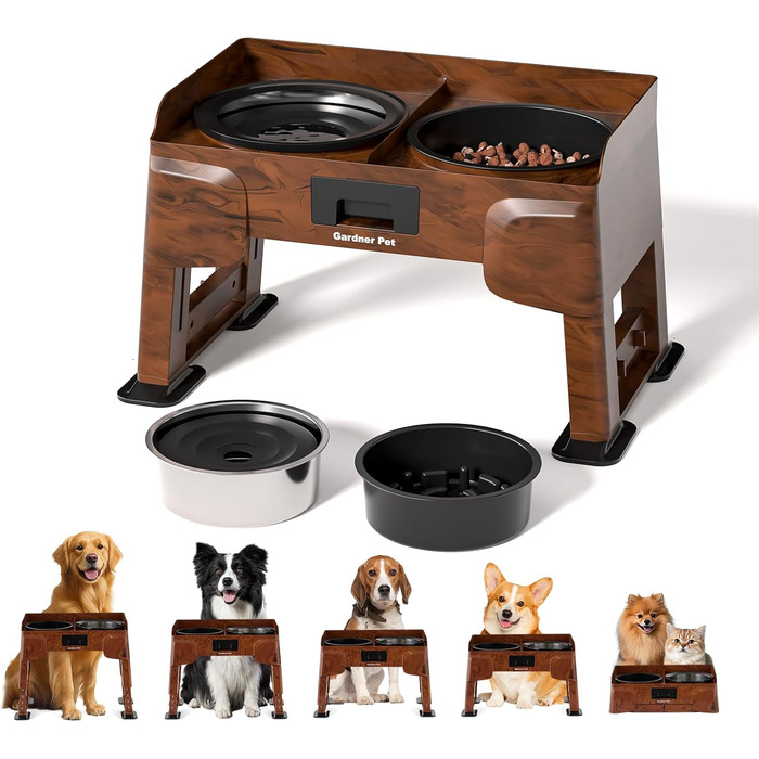 Підвищена годівниця для собак Gardner 2-в-1: миска для води без розливу та миска для повільного годування з регульованою висотою, 5 рівнів, протиковзна, для середніх та великих собак