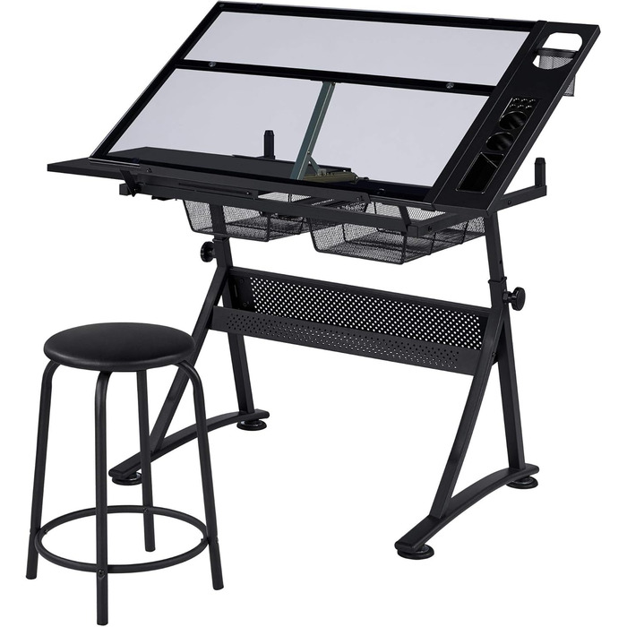 Yaheetech Adjustable Height Drafting Table Set with Tilt-Top, Storage & Stool - Drawing/Art Desk for Artists - Black
