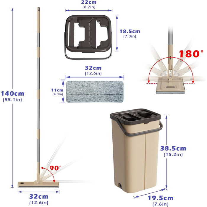 Набір для миття підлоги з відром, 2 в 1, з регульованою ручкою з нержавіючої сталі та 6 мікрофібровими насадками, для плитки та ламінату, сіро-коричневий
