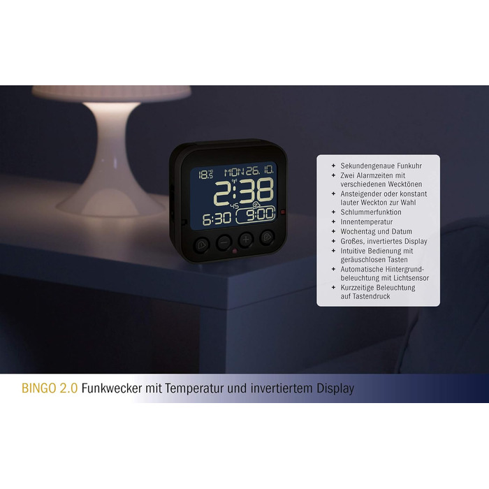 TFA Dostmann Bingo 2.0 Digital Radio Clock, 60.2552.01, High Accuracy, Radio Clock, Temperature Display, Date, L 95 x W 41 x H 96 mm White Numerals