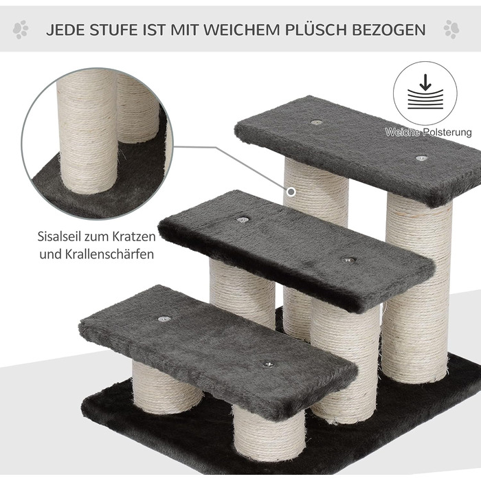 PawHut Pet Stairs 3-Step Cat Stairs Dog Stairs Stairs for Cats and Dogs Plush Dark Grey 45 x 35 x 34 cm