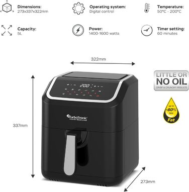 Цифрова аерофритюрниця XL 5 л, 10 програм, без олії, 100–200°C