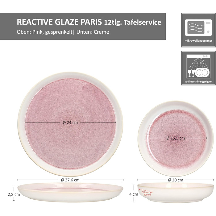 MamboCat Tafelservice Paris: 12 предметів, кремово-рожевий, керамічний посуд для 6 осіб (6 тарілок суп 400мл + 6 тарілок для їжі)