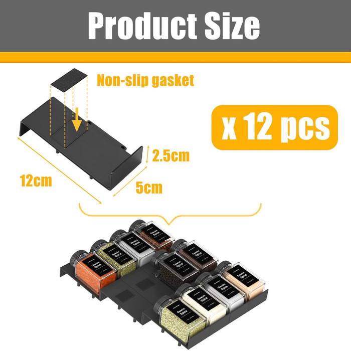 Організатор для спецій Famhap, 24 шт. - полиці для спецій у ящик, кухонний органайзер для спецій, полиці для спецій (Чорний, 12 шт.)