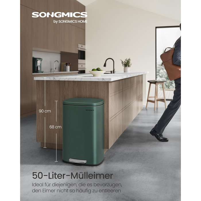 Відро для сміття SONGMICS 50 л, з педальним механізмом, сталеве, з м'яким закриттям, для кухні (Vintage Green)