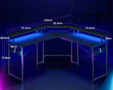 Ігровий стіл ODK з LED-підсвіткою, 2 розетками та 2 USB, кутовий комп'ютерний стіл з великою полицею для монітора, чорний