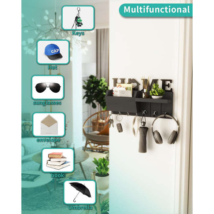 Держатель для ключів HapiRm з декором HOME, дерев'яне ключникове дошка з 7 гачками, з полицею. Підходить для входу, дверей, коридору, спальні, офісу (чорний)