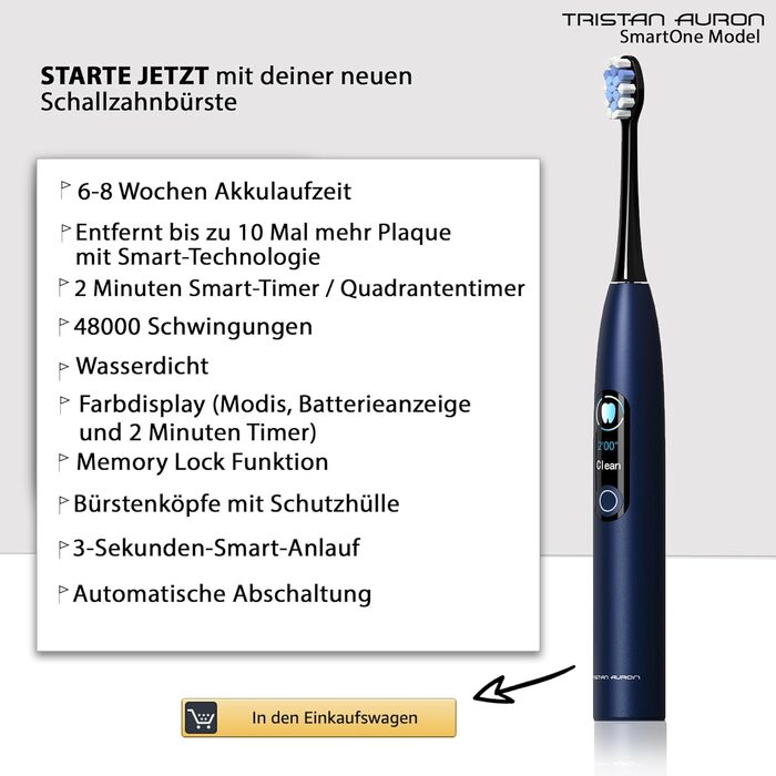 Tristan Auron Electric Sonic Toothbrush - 48,000 Vibrations, 5 Modes, Color Display, USB-C, 6-8 Week Battery, IPX7 Waterproof, 6 Brush Heads + SmartOne Protective Case (Blue) with 4-Pack