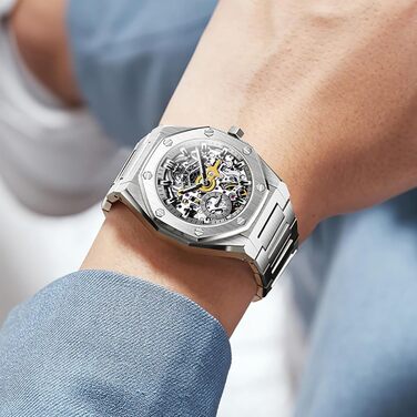 Чоловічий механічний годинник OLEVS Gold Skeleton з автопідзаводом, розкішний сталевий корпус з діамантами, водонепроникний, зі світлою індикацією (6669: Сріблястий)