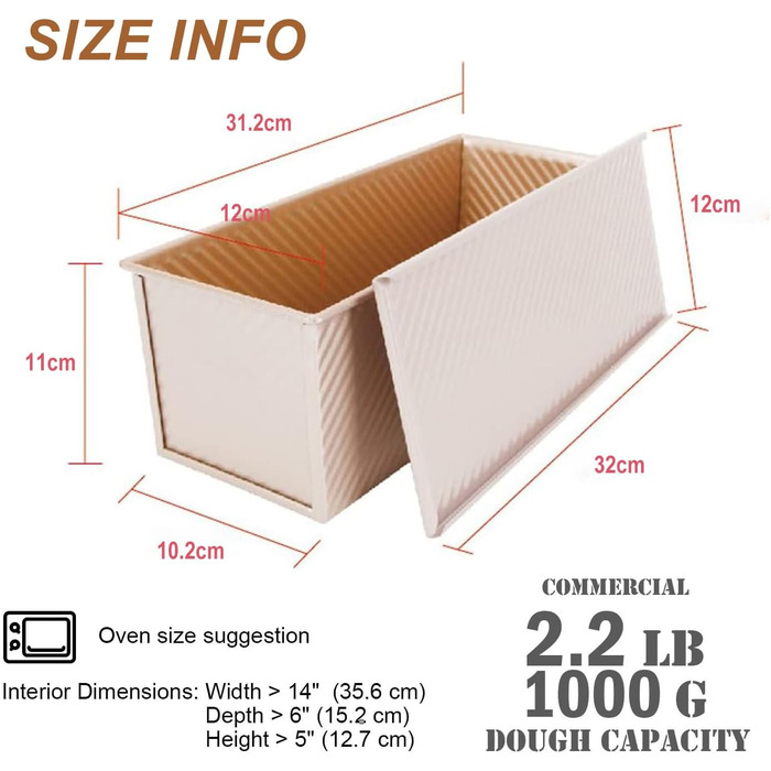 Large Loaf Pan with Lid, Non-Stick Toaster Oven Pan, Loaf Pan with Sliding Cover, Pullman Loaf Pan for Baking, 1000g Dough Capacity, Commercial Use
