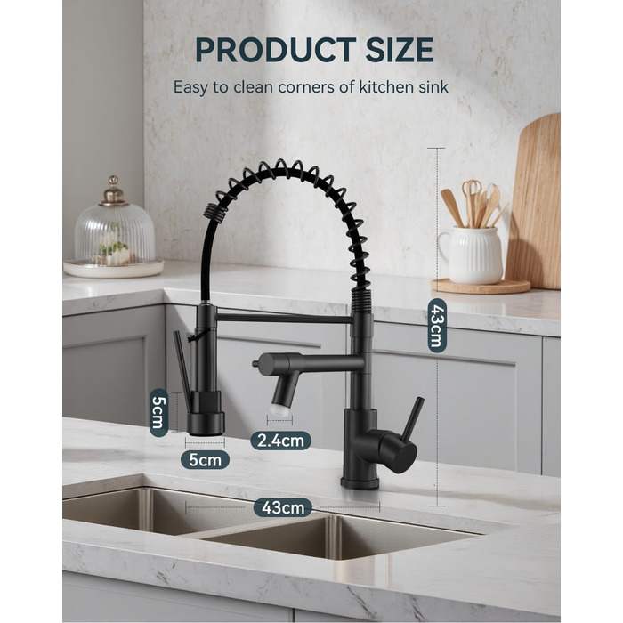 LED кухонний змішувач Warmiehomy з поворотним виливом 360°, 2 виходи, високий вигин, спіральна пружина, чорний