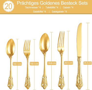 Набір столових приборів Prächtiges Barock 20 предметів з нержавіючої сталі 18/10, золотий колір, у подарунковій коробці (виделки, ложки, ножі)