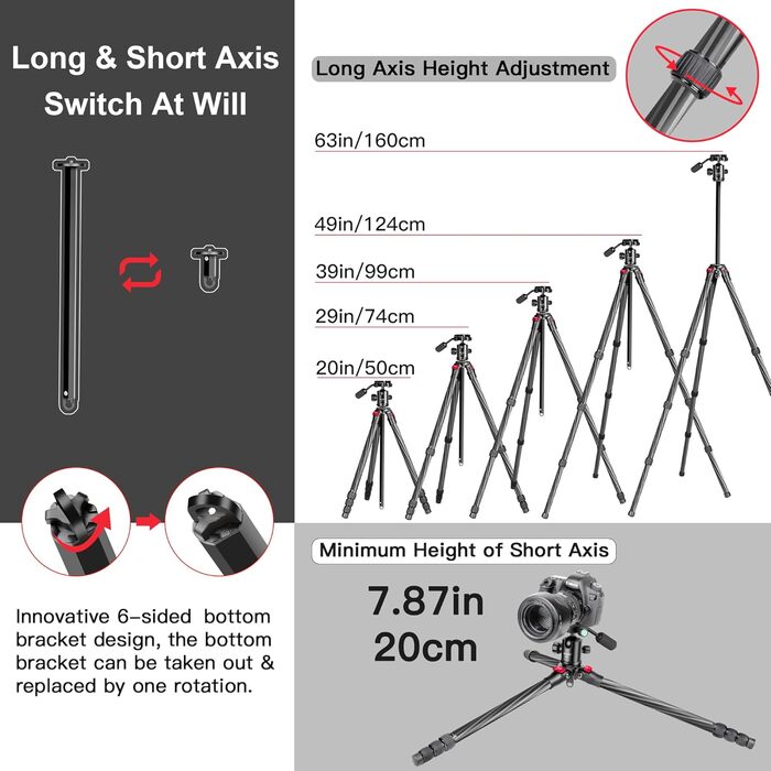 Штатив Manbily 63' з вуглецевого волокна з кульковою головкою 360° - монопод для подорожей, знімний хват, швидка пластина - штатив для DSLR Canon Nikon Sony YF-0 з хватом