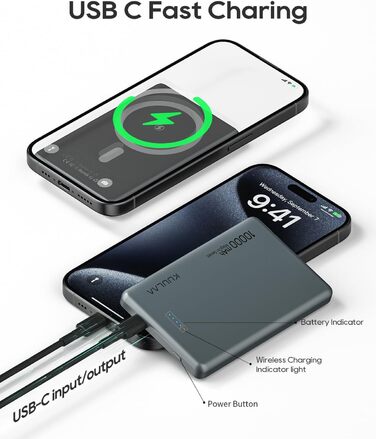 Power Bank Kuulaa MagSafe 10000 mAh 20W, Тонкий Пауербанк для iPhone 16/15/14/13, Колір Space Grey