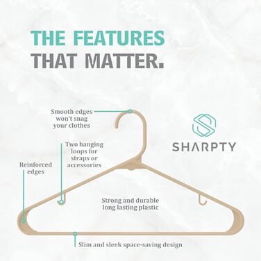 Плечики для одягу Sharpty з пластику (50 шт.) – для шафи, пальто, сорочок, міцні, економія місця, бежевий, 60 см